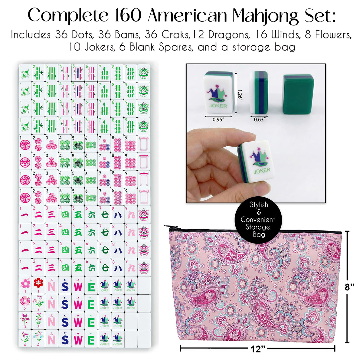 American Mahjong Tile Set (160pc) 1.26in. Layered Acrylic with Paisley Travel Bag - Luxury Green & Pink