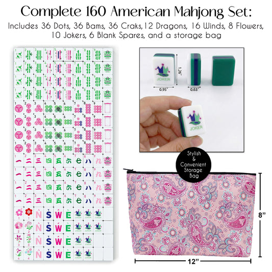 American Mahjong Tile Set (160pc) 1.26in. Layered Acrylic with Paisley Travel Bag - Luxury Green & Pink