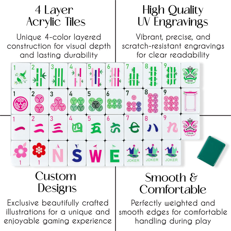 American Mahjong Tile Set (160pc) 1.26in. Layered Acrylic with Paisley Travel Bag - Luxury Green & Pink