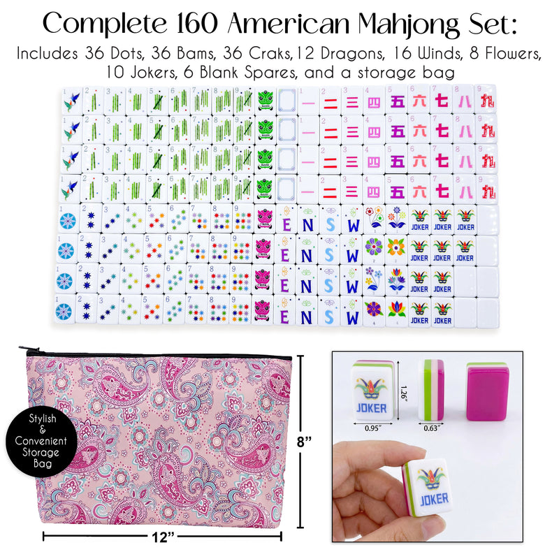 American Mahjong Tile Set (160pc) 1.26in. Layered Acrylic with Paisley Travel Bag - Luxury Pink