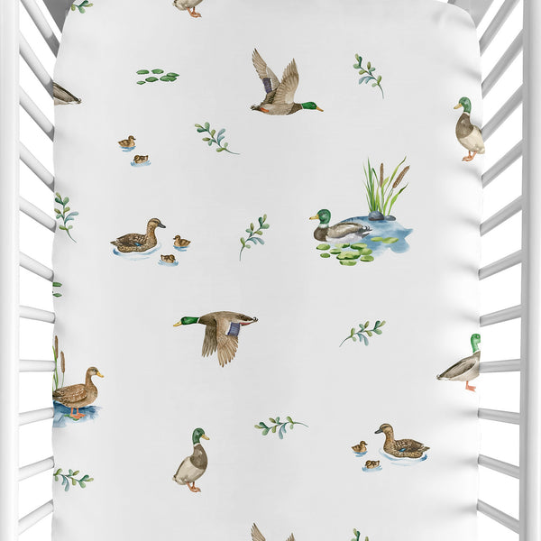 Watercolor Mallard Ducks Collection Crib Sheet
