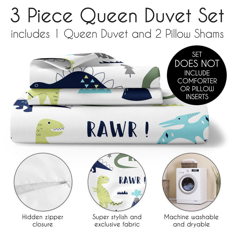 Mod Dinosaur Blue and Green Collection Queen Duvet Cover Bedding Set