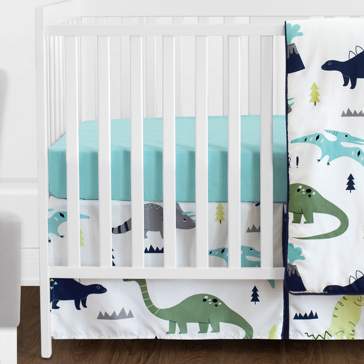Mod Dinosaur Blue and Green 11 Piece Bumperless Crib Bedding Collection