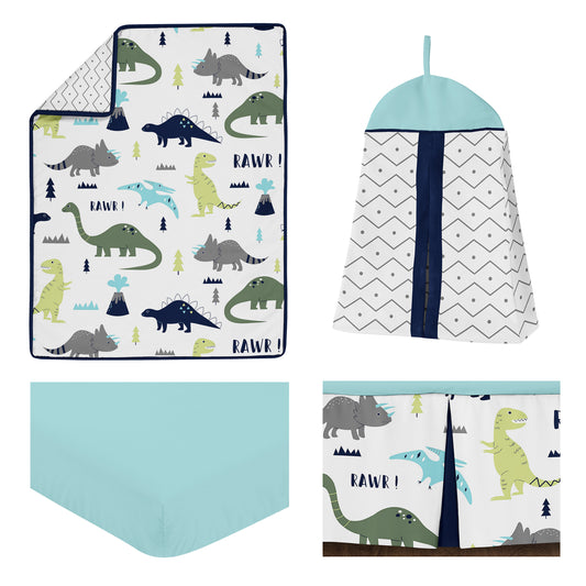 Mod Dinosaur Blue And Green 4 Piece Bumperless Crib Bedding Collection