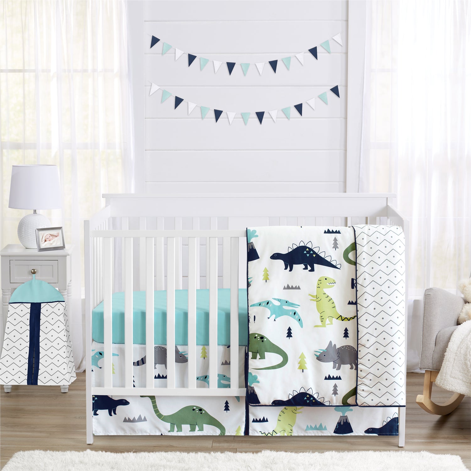Mod Dinosaur Blue And Green 4 Piece Bumperless Crib Bedding Collection