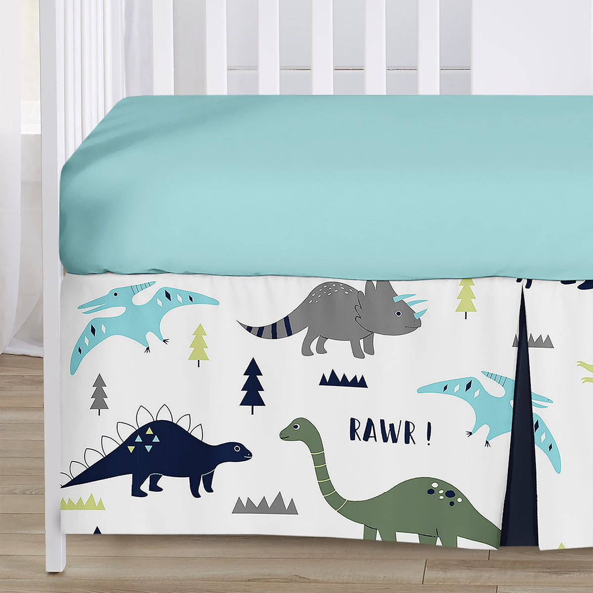 Mod Dinosaur Blue And Green 4 Piece Bumperless Crib Bedding Collection