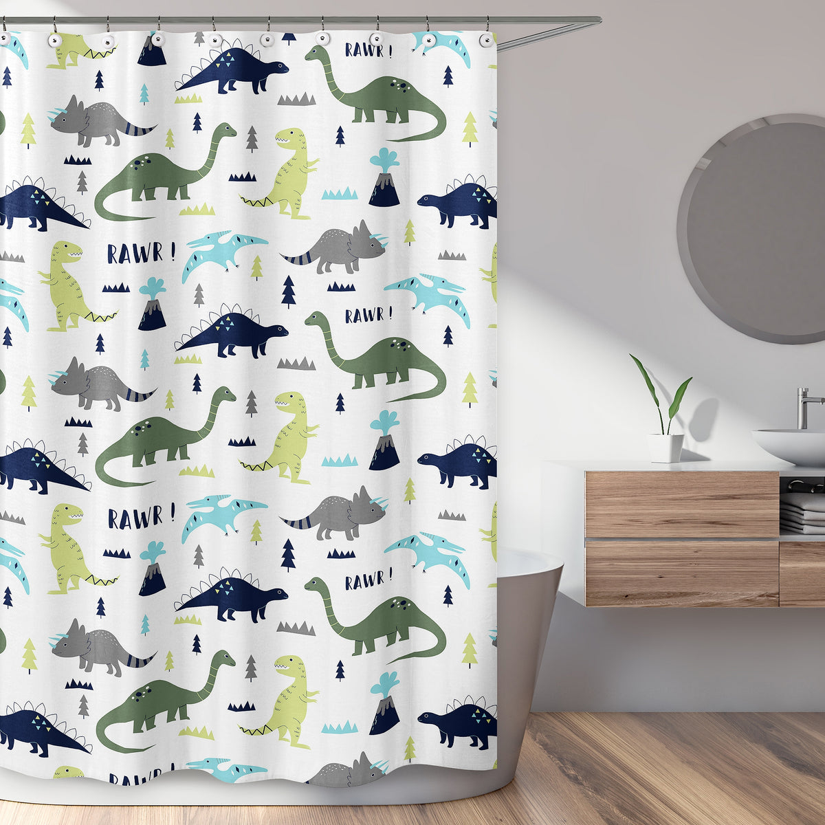 Mod Dinosaur Blue and Green Collection Shower Curtain