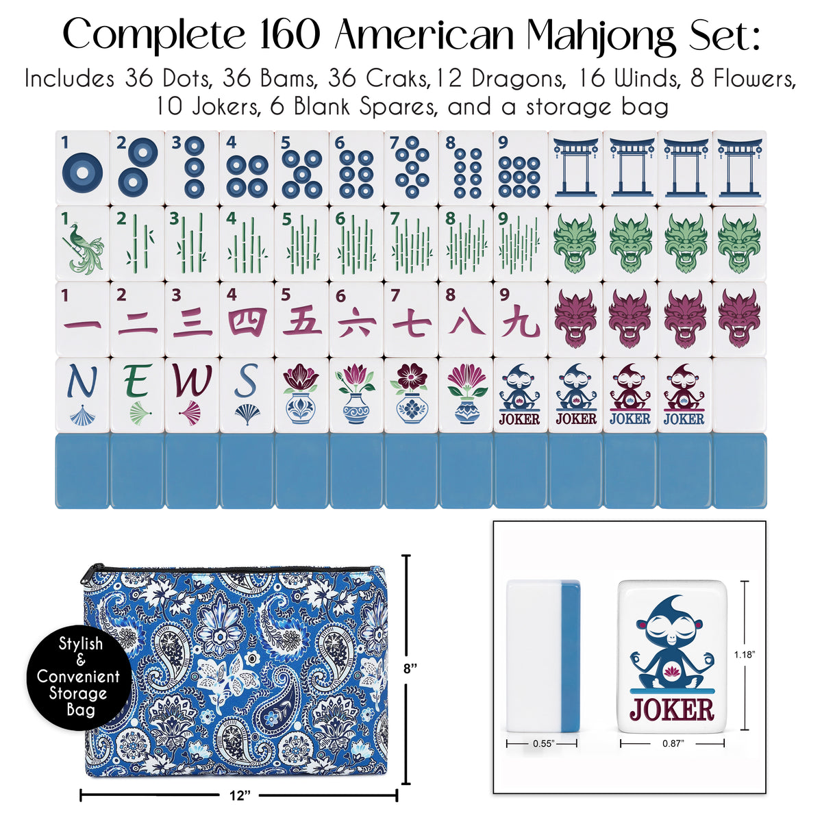 Blue Monkey Collection Melamine American Mahjong Tile Set (160pc) 1.18 Layered Acrylic with Faux Leather Travel Bag