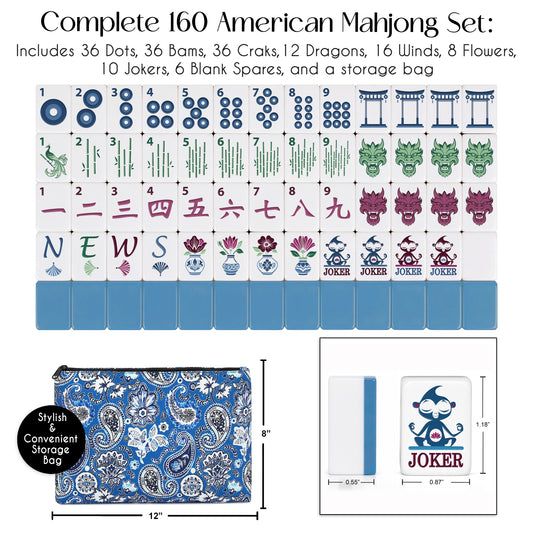 Blue Monkey Collection Melamine American Mahjong Tile Set (160pc) 1.18 Layered Acrylic with Faux Leather Travel Bag