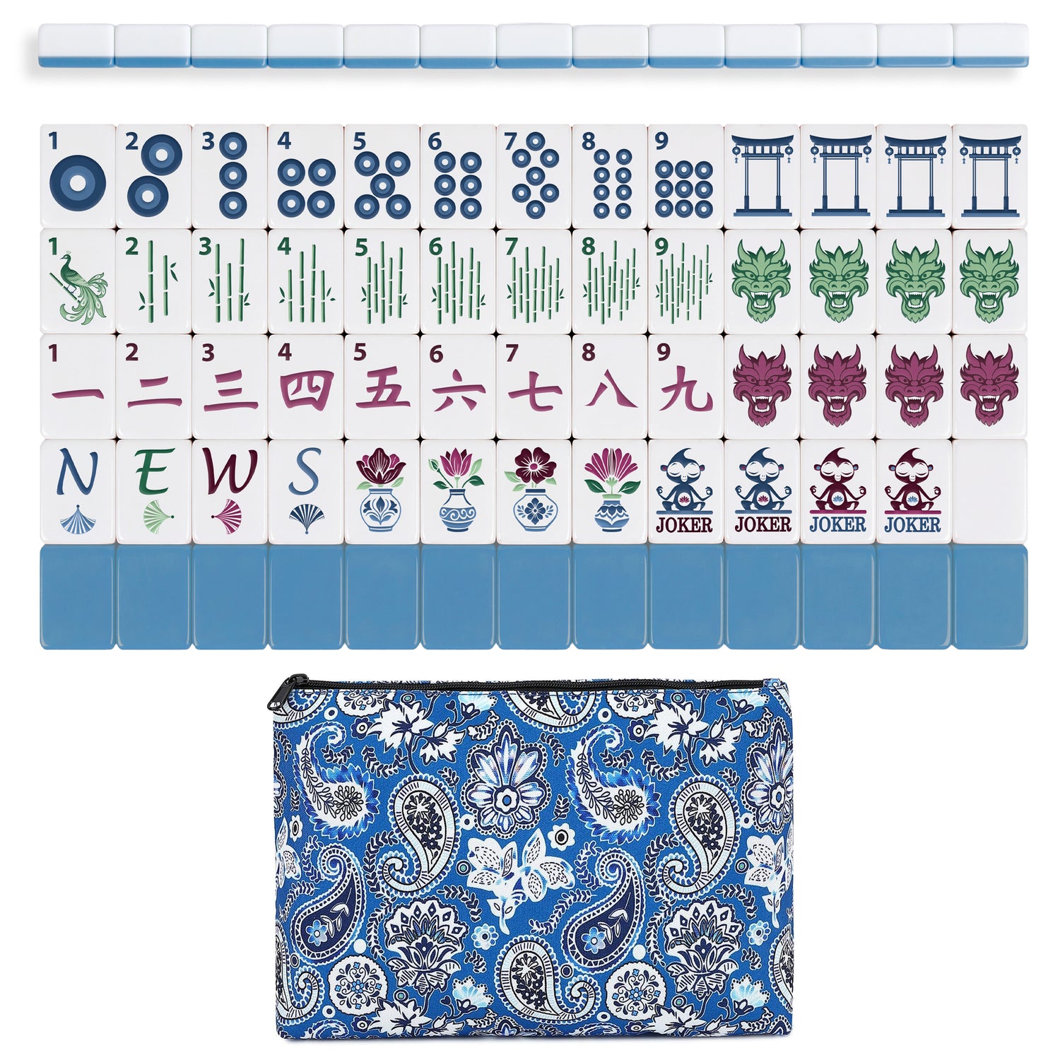 Blue Monkey Collection Melamine American Mahjong Tile Set (160pc) 1.18 Layered Acrylic with Faux Leather Travel Bag