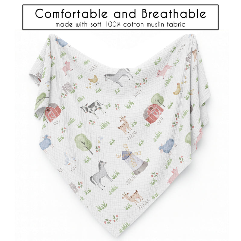 Farm Animals Collection 100% Cotton Muslin Baby Swaddle Receiving Blanket