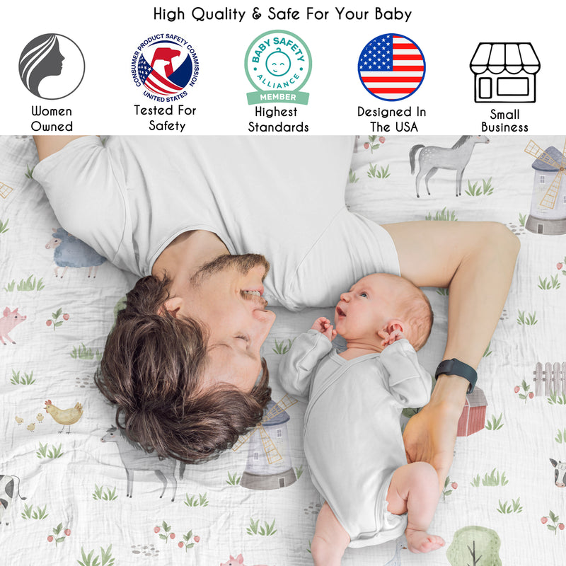 Farm Animals Collection 2 Pack 100% Cotton Muslin Baby Swaddle Receiving Blankets
