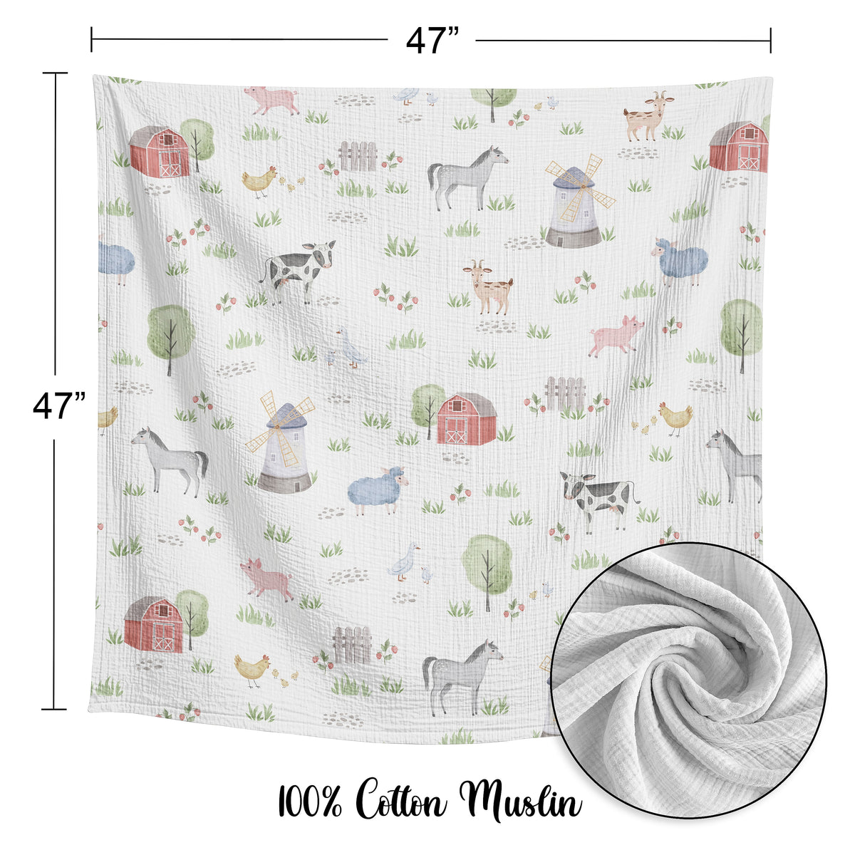 Farm Animals Collection 2 Pack 100% Cotton Muslin Baby Swaddle Receiving Blankets