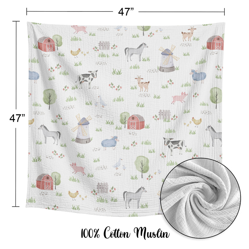 Farm Animals Collection 2 Pack 100% Cotton Muslin Baby Swaddle Receiving Blankets