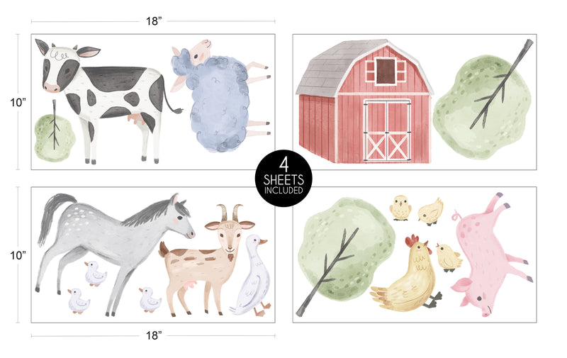 Farm Animals Collection Peel and Stick Wall Decal Stickers - Set of 4 Sheets