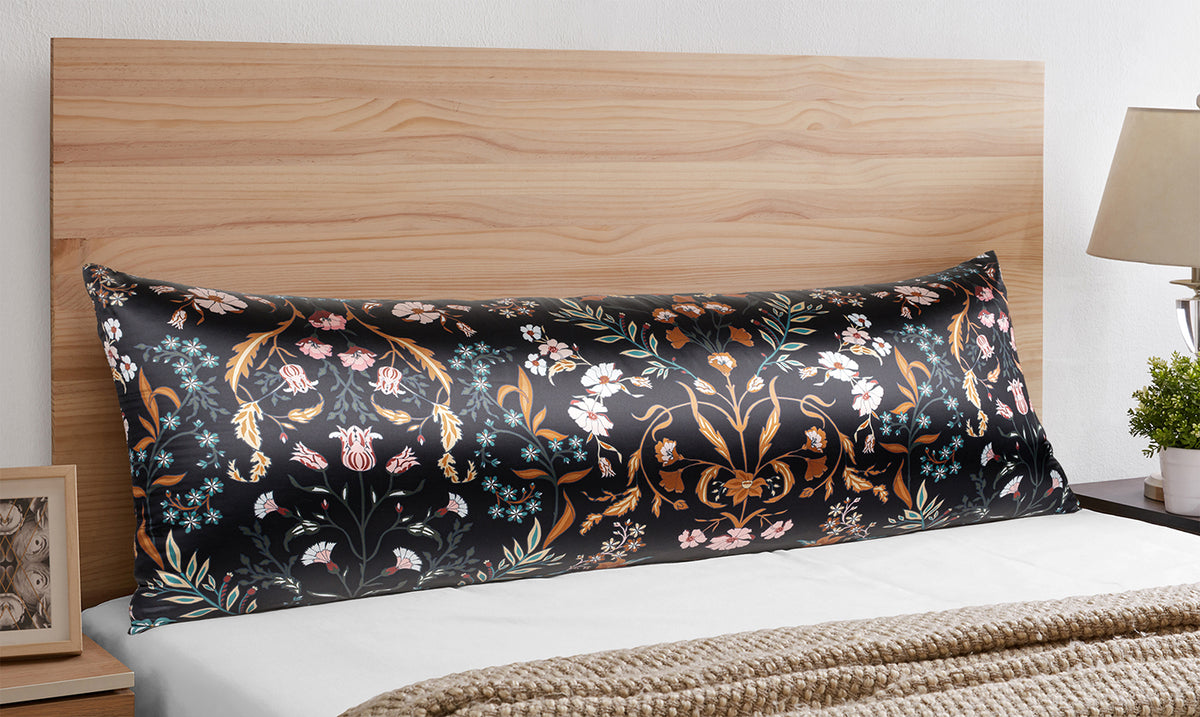 Boho Floral Wildflower Black and Orange Collection Satin Full Length Body Pillow Cover