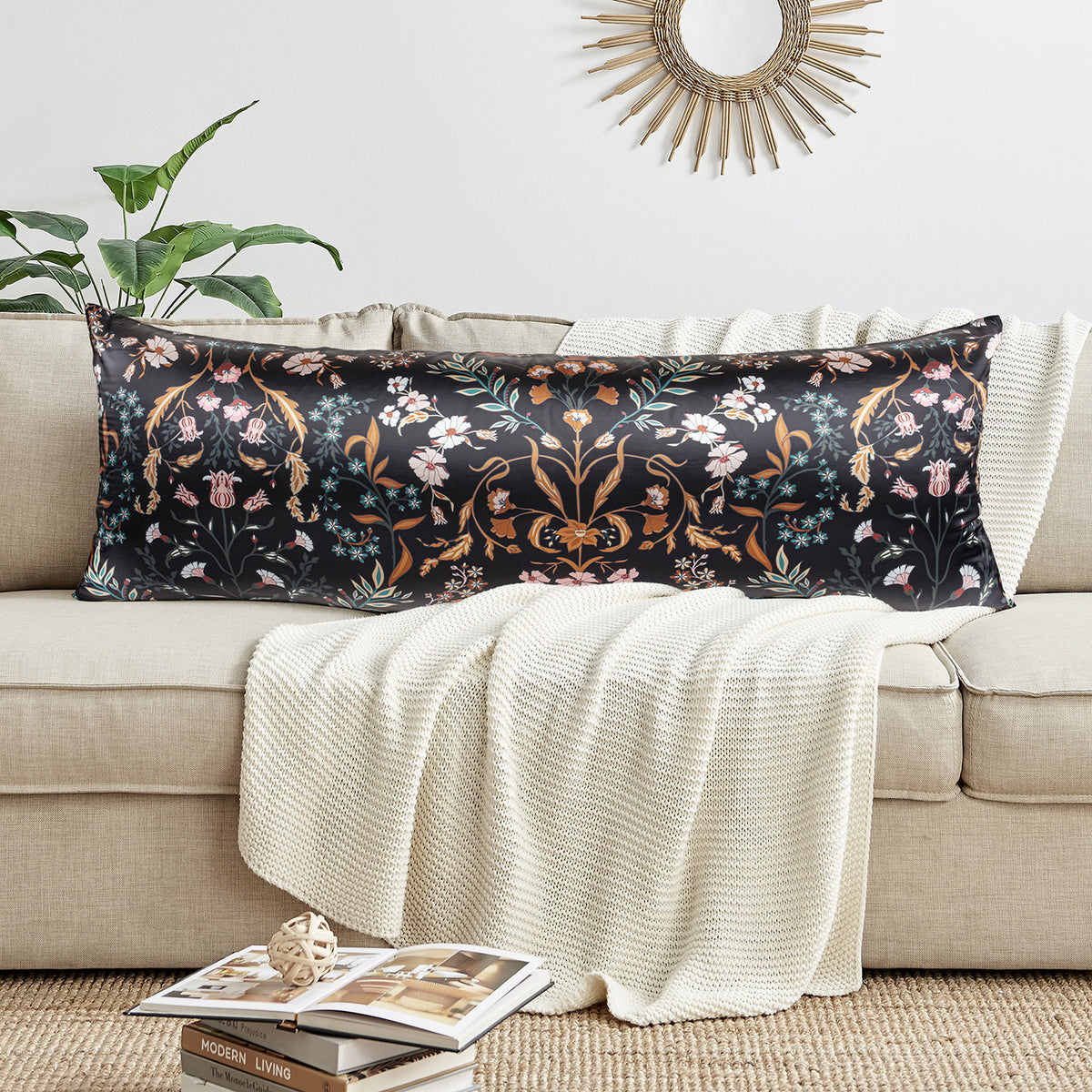 Boho Floral Wildflower Black and Orange Collection Satin Full Length Body Pillow Cover