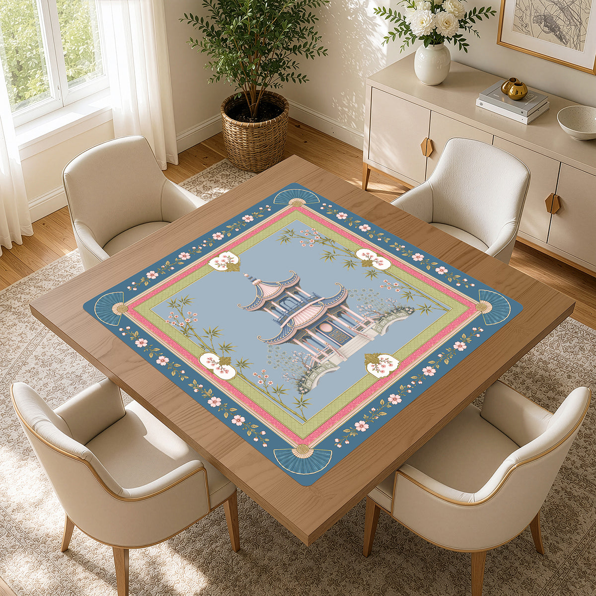 Pink Pagoda Collection Mahjong Mat for Table - Shipped Rolled