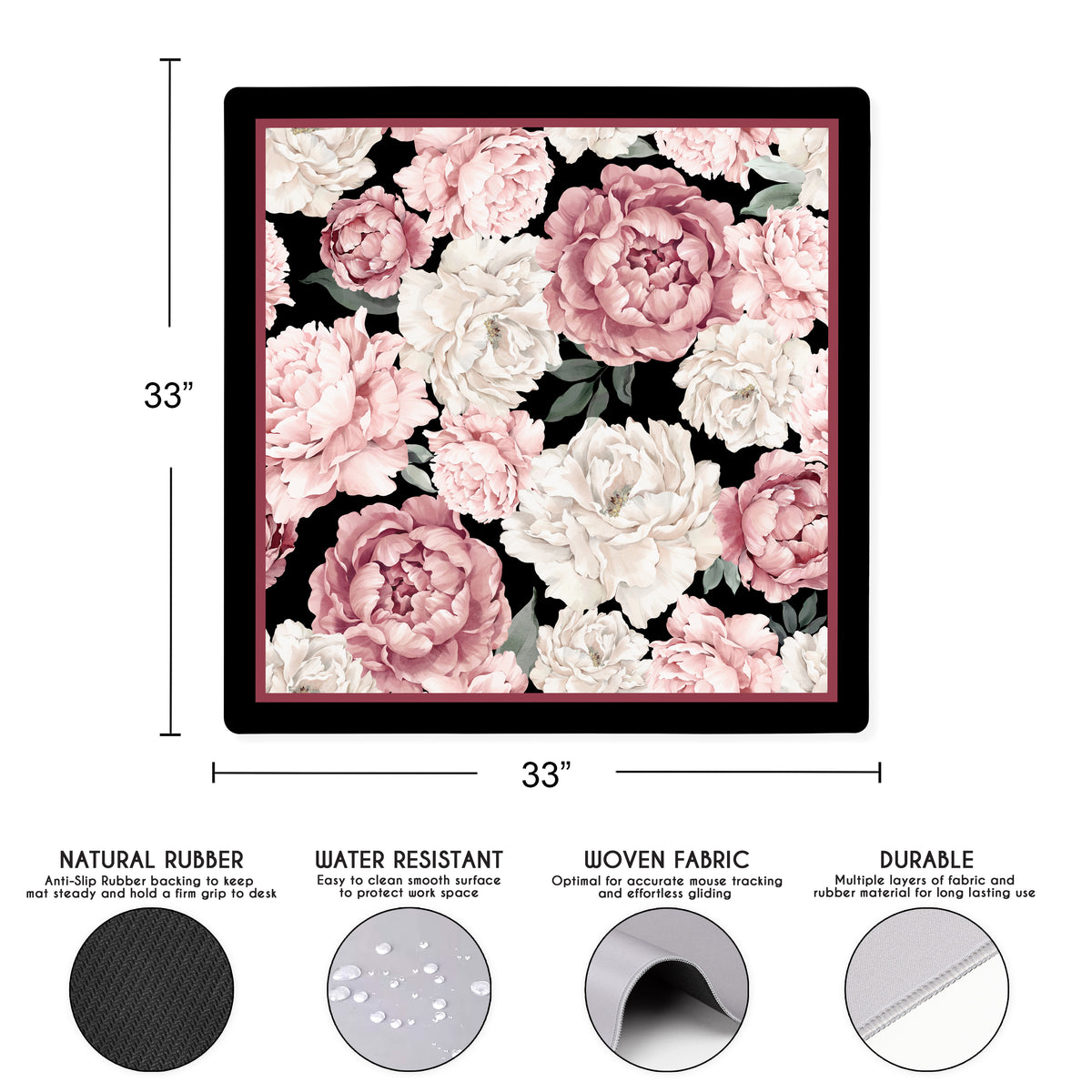 Peony Floral Garden Black and Pink Collection Mahjong Mat for Table - Shipped Rolled