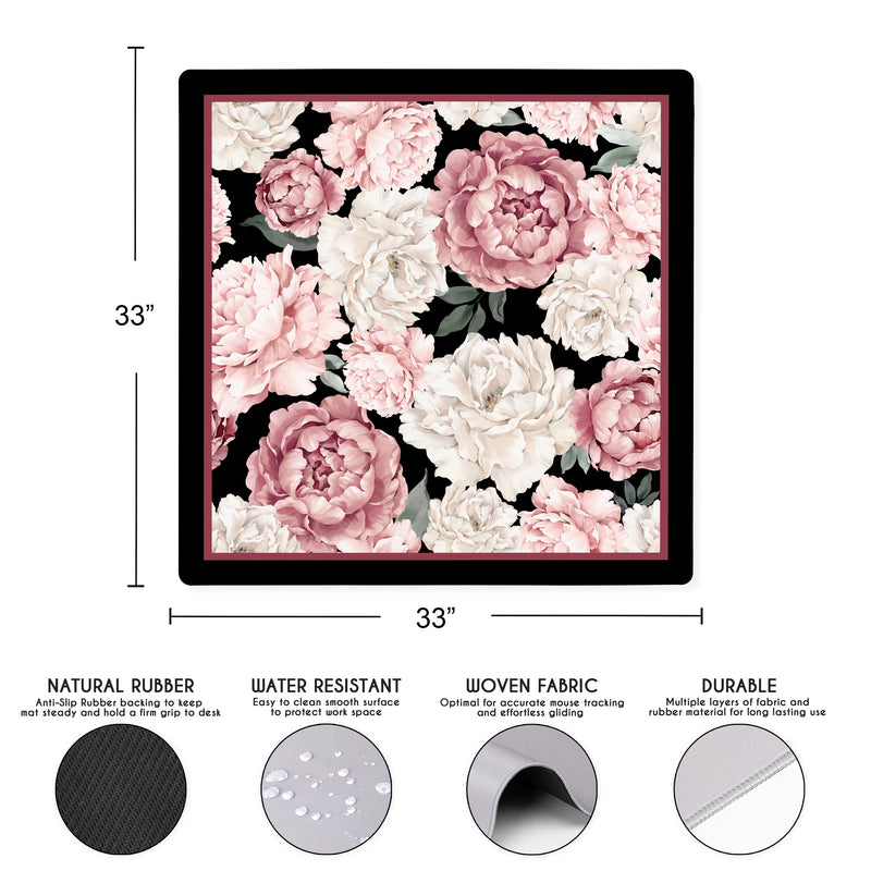 Peony Floral Garden Black and Pink Collection Mahjong Mat for Table - Shipped Rolled