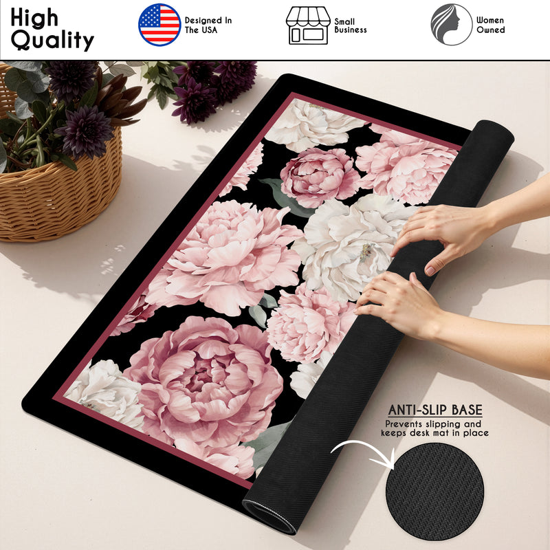 Peony Floral Garden Black and Pink Collection Mahjong Mat for Table - Shipped Rolled