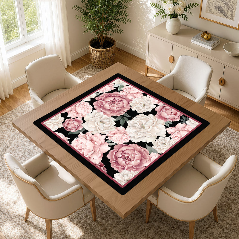 Peony Floral Garden Black and Pink Collection Mahjong Mat for Table - Shipped Rolled