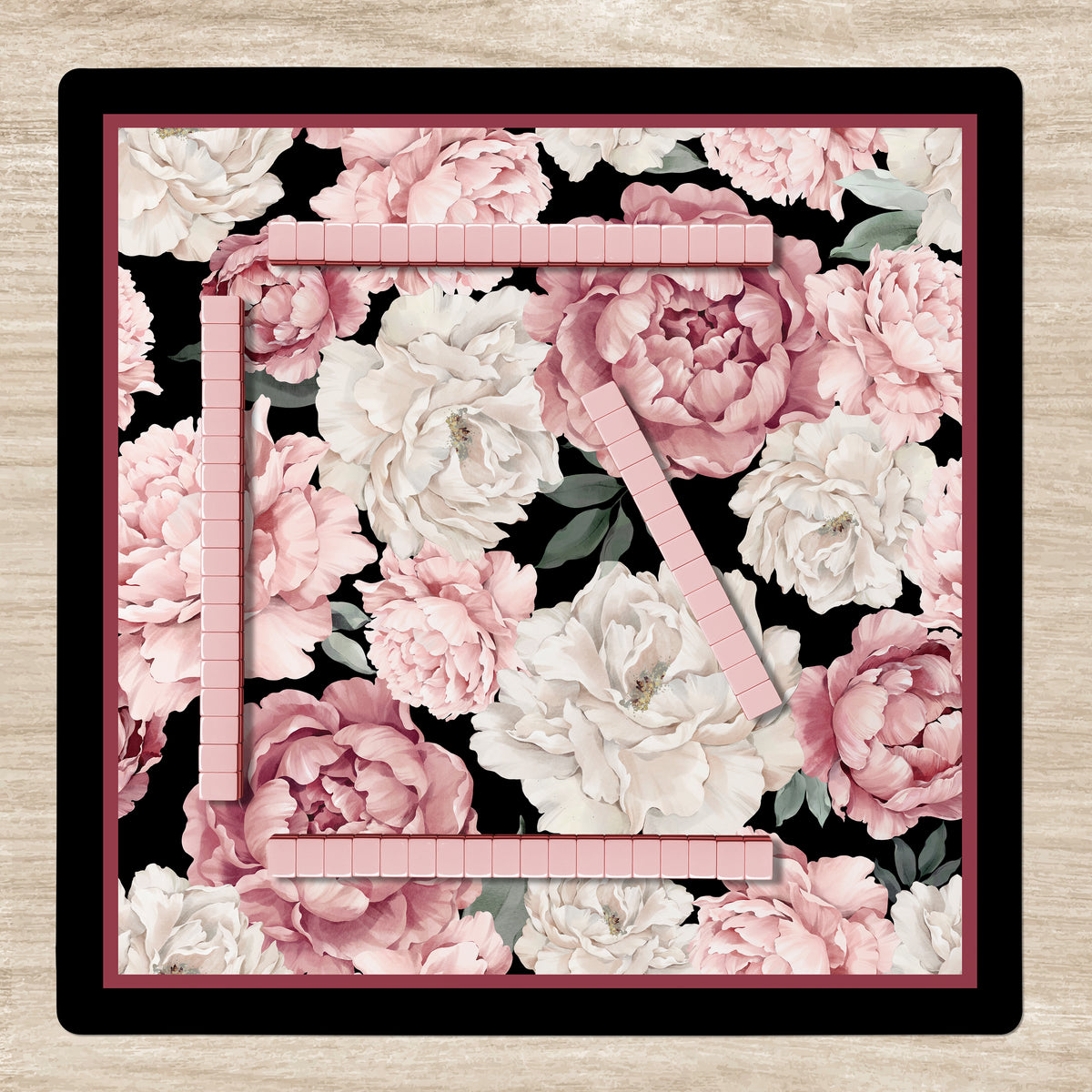 Peony Floral Garden Black and Pink Collection Mahjong Mat for Table - Shipped Rolled
