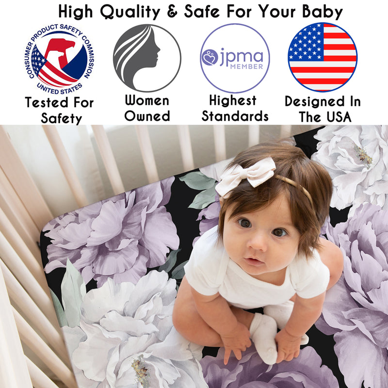 Peony Floral Garden Black and Purple Collection Crib Sheet