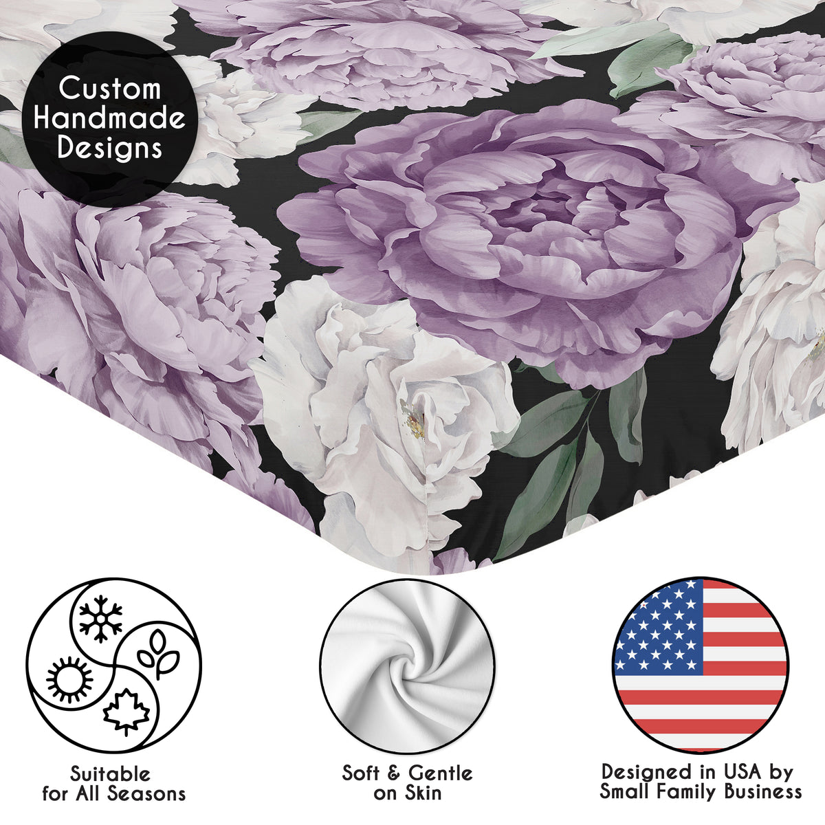 Peony Floral Garden Black and Purple Collection Crib Sheet