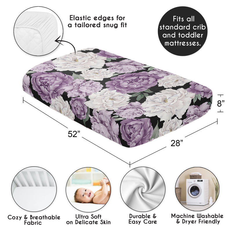 Peony Floral Garden Black and Purple Collection Crib Sheet