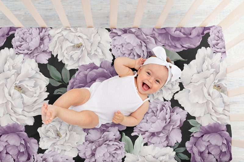 Peony Floral Garden Black and Purple Collection Crib Sheet