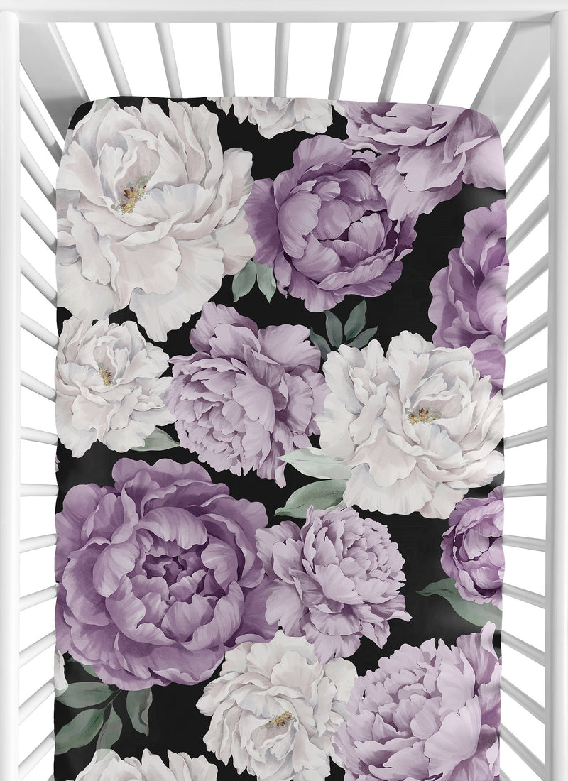 Peony Floral Garden Black and Purple Collection Crib Sheet