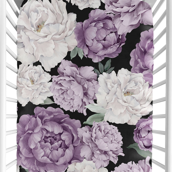 Peony Floral Garden Black and Purple Collection Crib Sheet