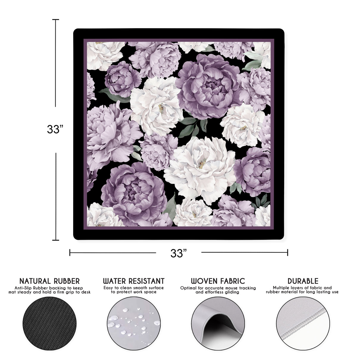 Peony Floral Garden Black and Purple Collection Mahjong Mat for Table - Shipped Rolled