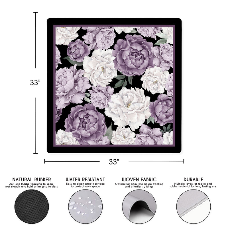 Peony Floral Garden Black and Purple Collection Mahjong Mat for Table - Shipped Rolled