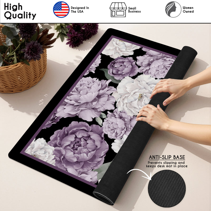 Peony Floral Garden Black and Purple Collection Mahjong Mat for Table - Shipped Rolled