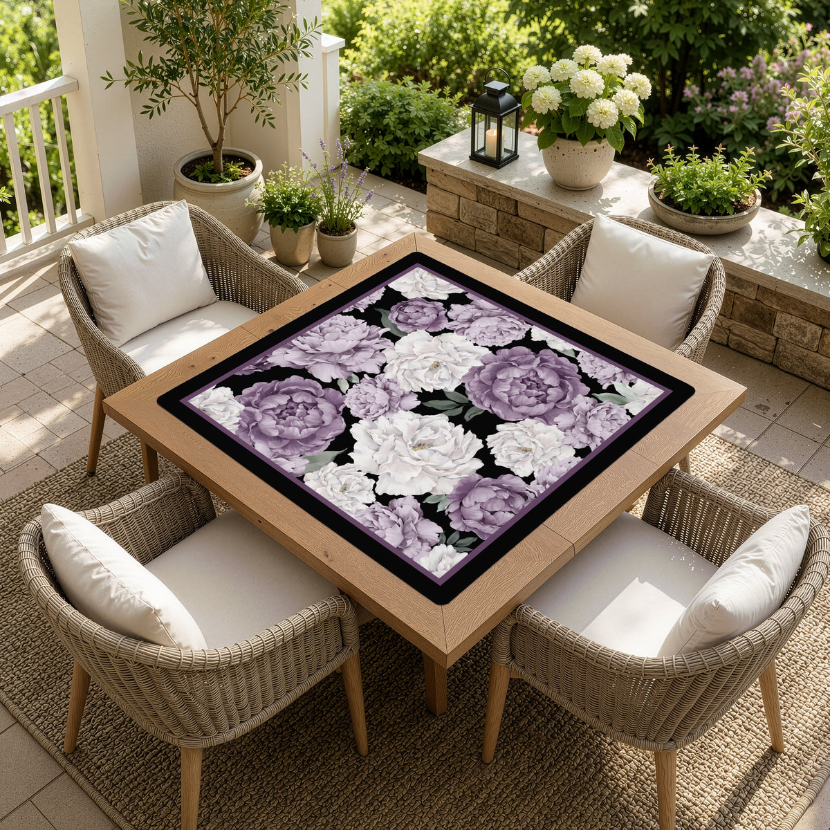 Peony Floral Garden Black and Purple Collection Mahjong Mat for Table - Shipped Rolled