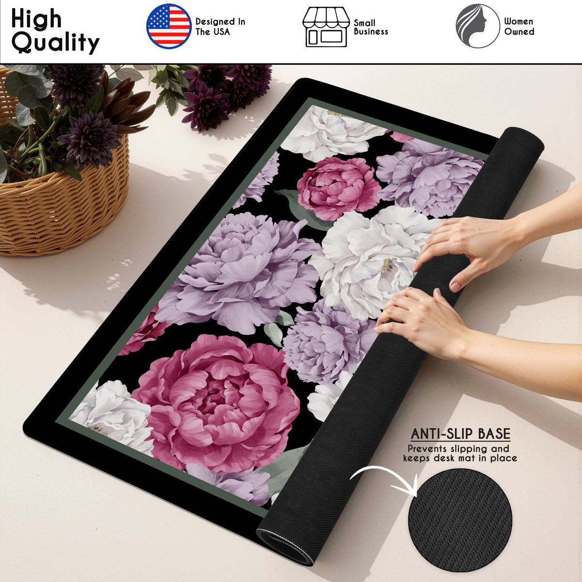 Peony Floral Garden Black and Rose Collection Mahjong Mat for Table - Shipped Rolled