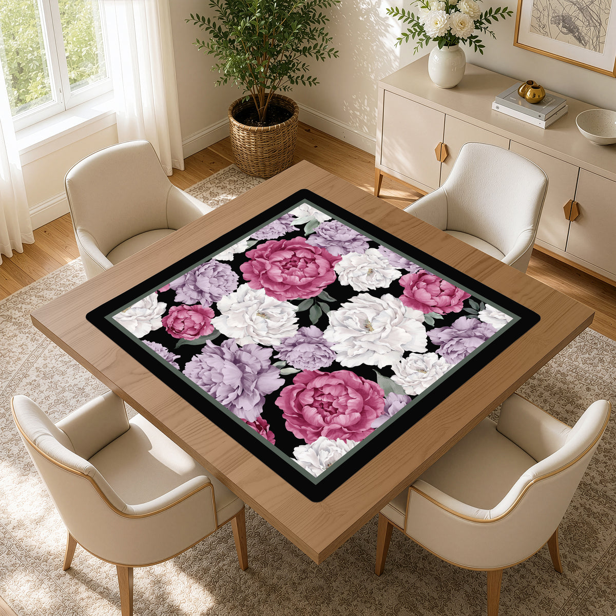 Peony Floral Garden Black and Rose Collection Mahjong Mat for Table - Shipped Rolled