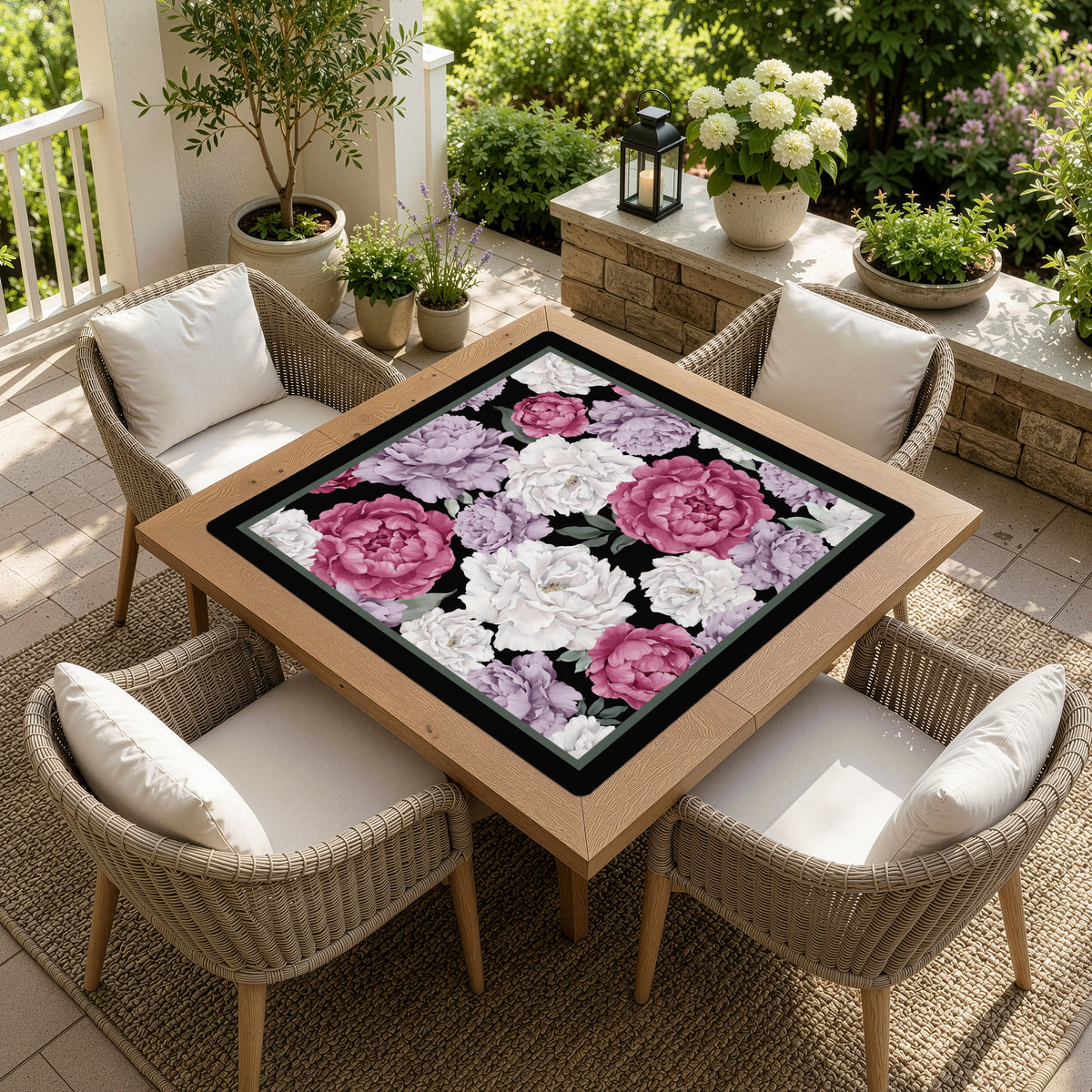 Peony Floral Garden Black and Rose Collection Mahjong Mat for Table - Shipped Rolled