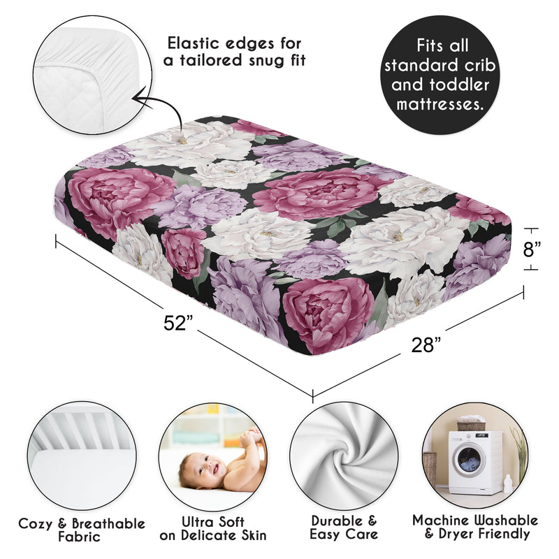 Peony Floral Garden Black and Rose Collection Crib Sheet