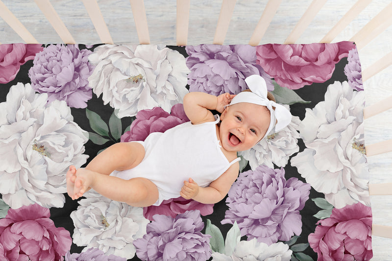 Peony Floral Garden Black and Rose Collection Crib Sheet