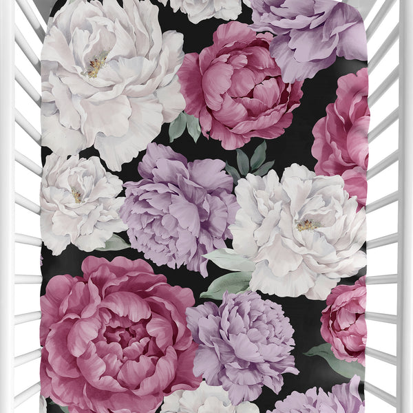 Peony Floral Garden Black and Rose Collection Crib Sheet