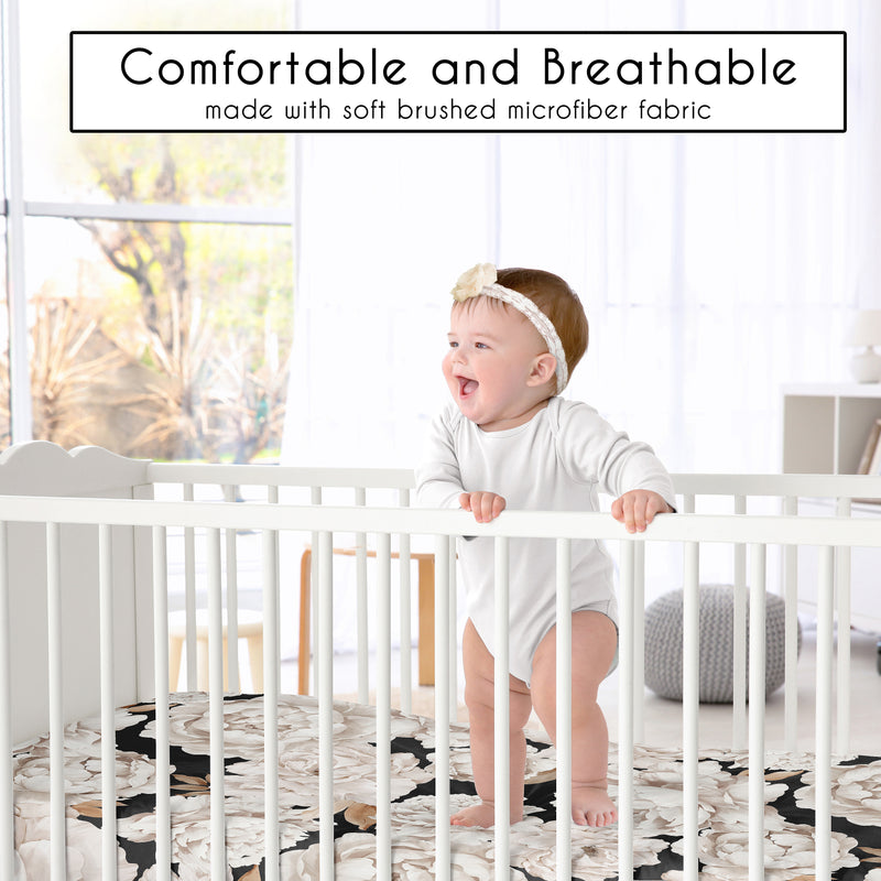 Peony Floral Garden Black and Ivory Collection Crib Sheet