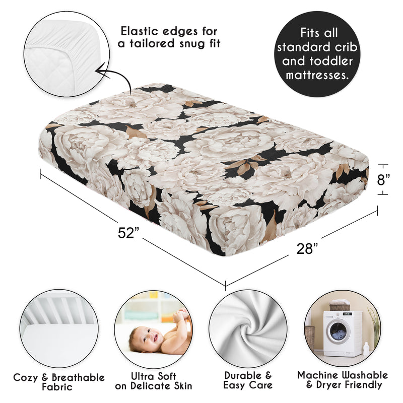 Peony Floral Garden Black and Ivory Collection Crib Sheet