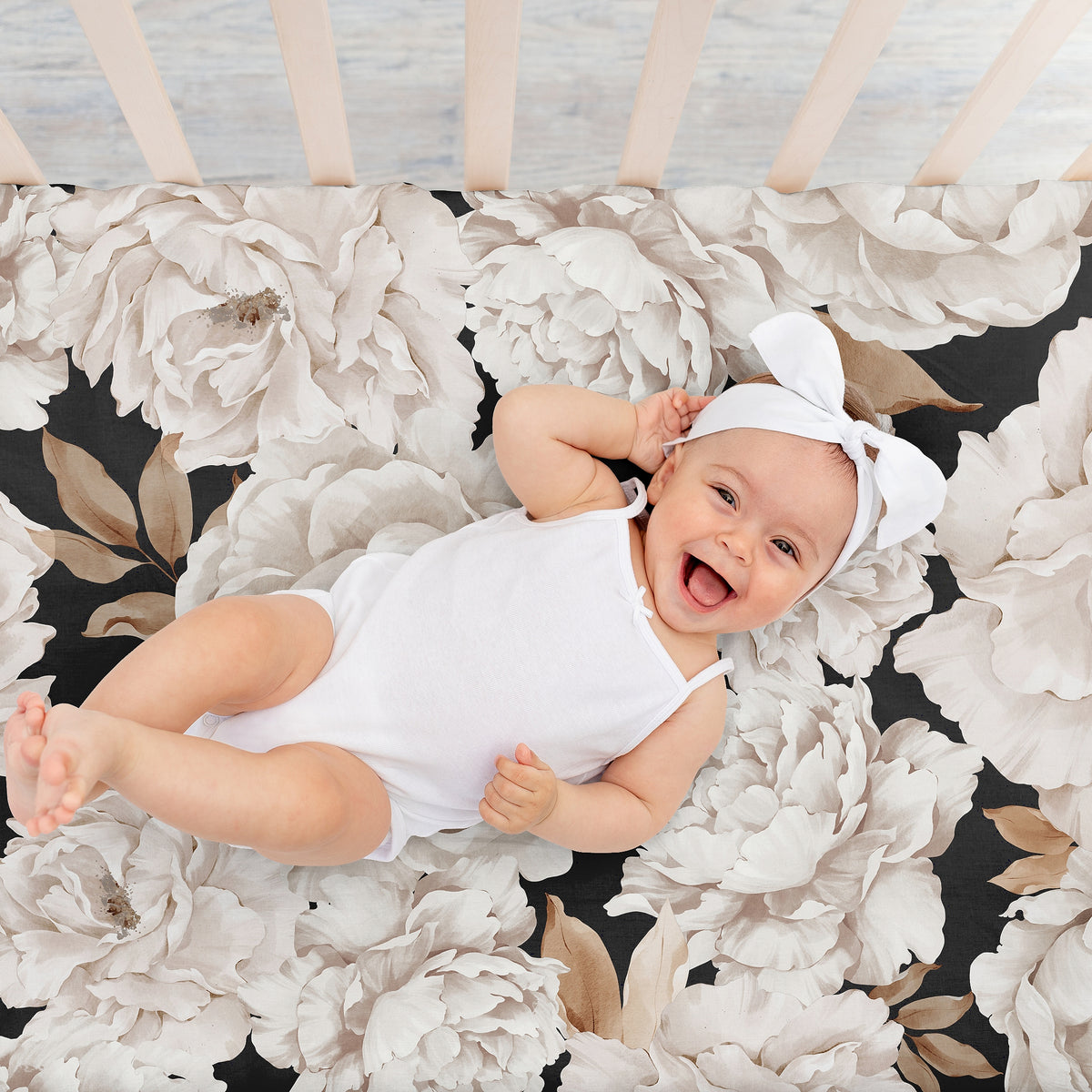 Peony Floral Garden Black and Ivory Collection Crib Sheet