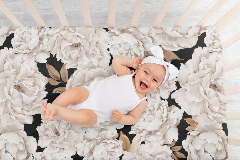 Peony Floral Garden Black and Ivory Collection Crib Sheet
