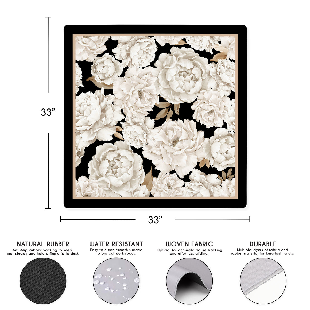 Peony Floral Garden Black and Ivory Collection Mahjong Mat for Table - Shipped Rolled