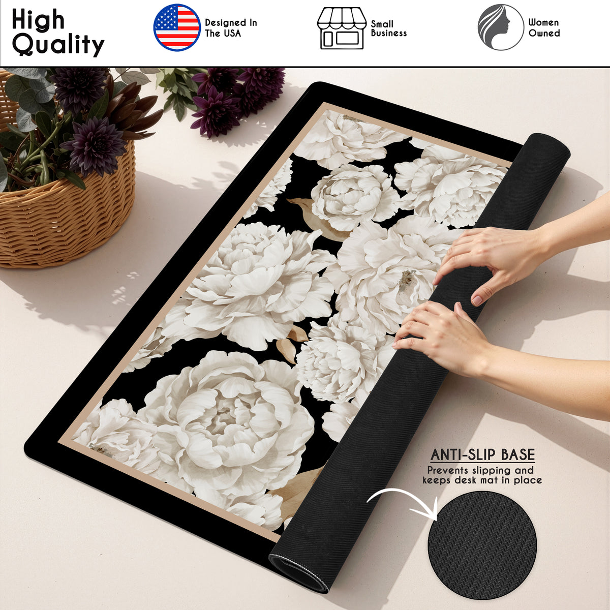 Peony Floral Garden Black and Ivory Collection Mahjong Mat for Table - Shipped Rolled