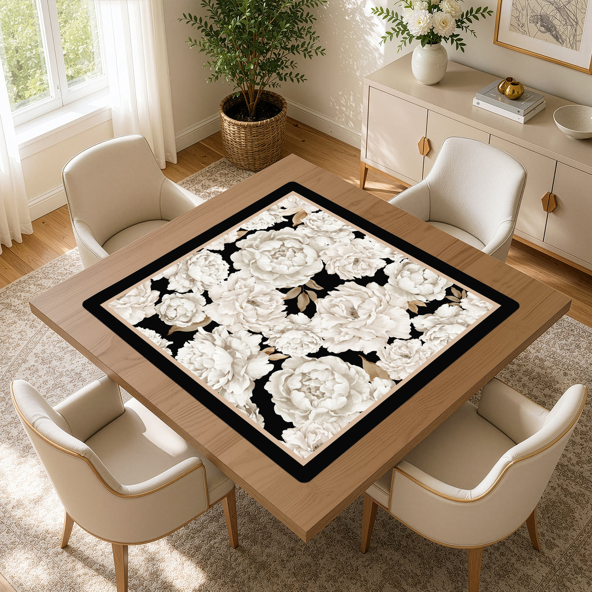 Peony Floral Garden Black and Ivory Collection Mahjong Mat for Table - Shipped Rolled